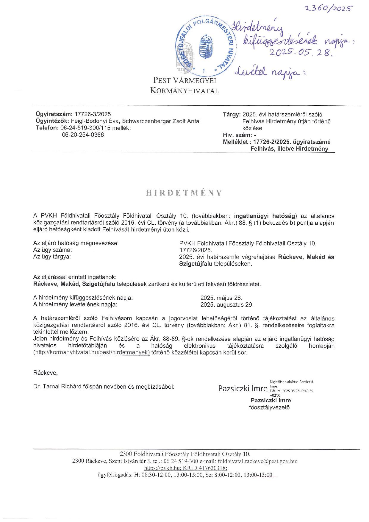 Hirdetmény 2025. évi határszemléről
