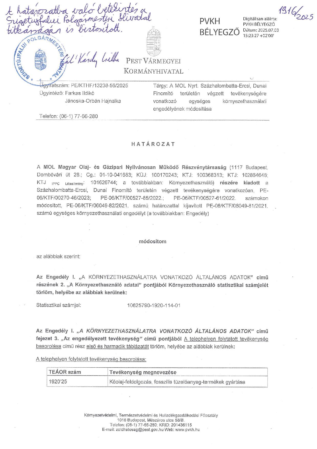 MOL Nyrt. környezethasználati engedélyének módosítása