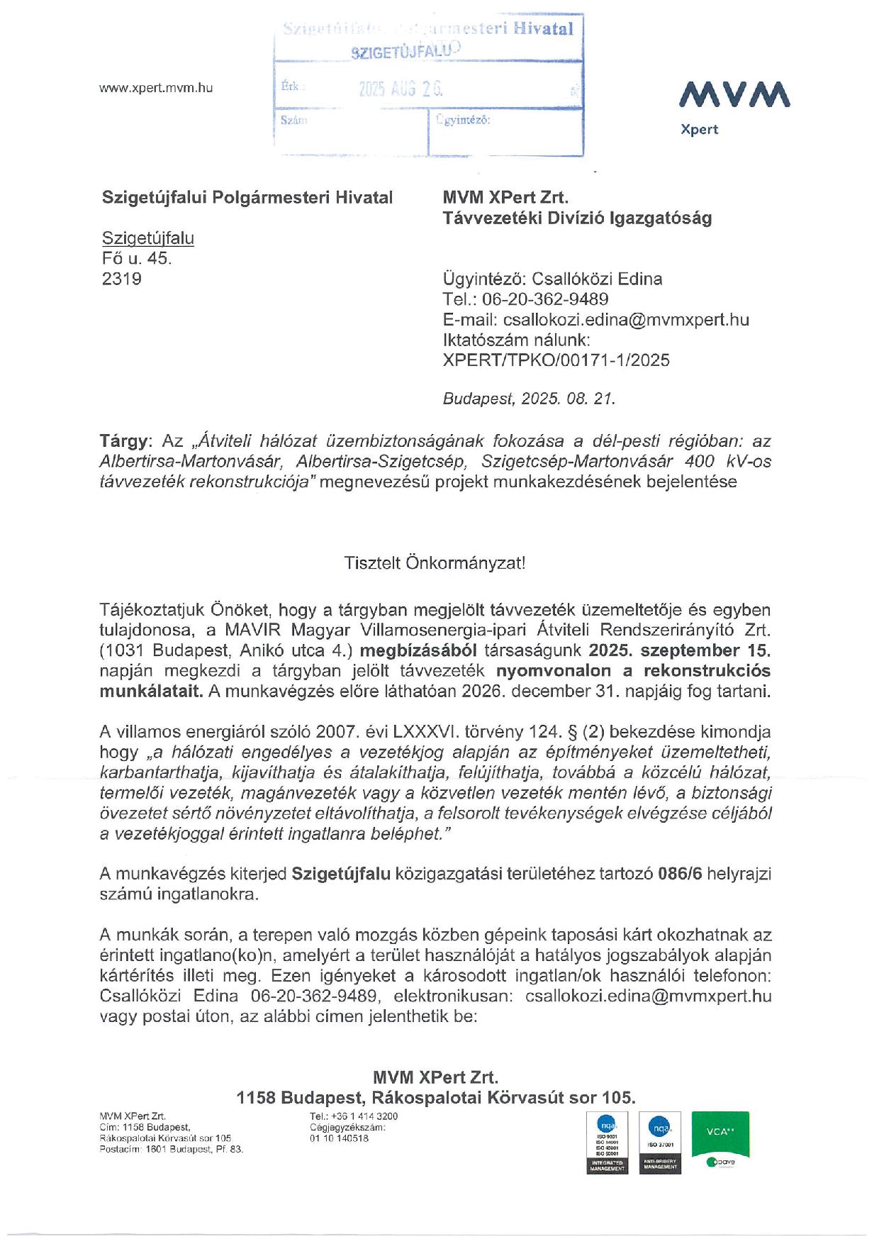 ék rekonstrukciós munkák végzésének bejelentése