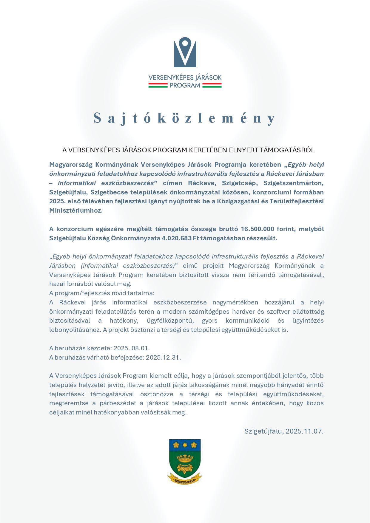 Sajtóközlemény – Egyéb helyi önkormányzati feladatokhoz kapcsolódó infrastrukturális fejlesztés a Ráckevei Járásban – informatikai eszközbeszerzés