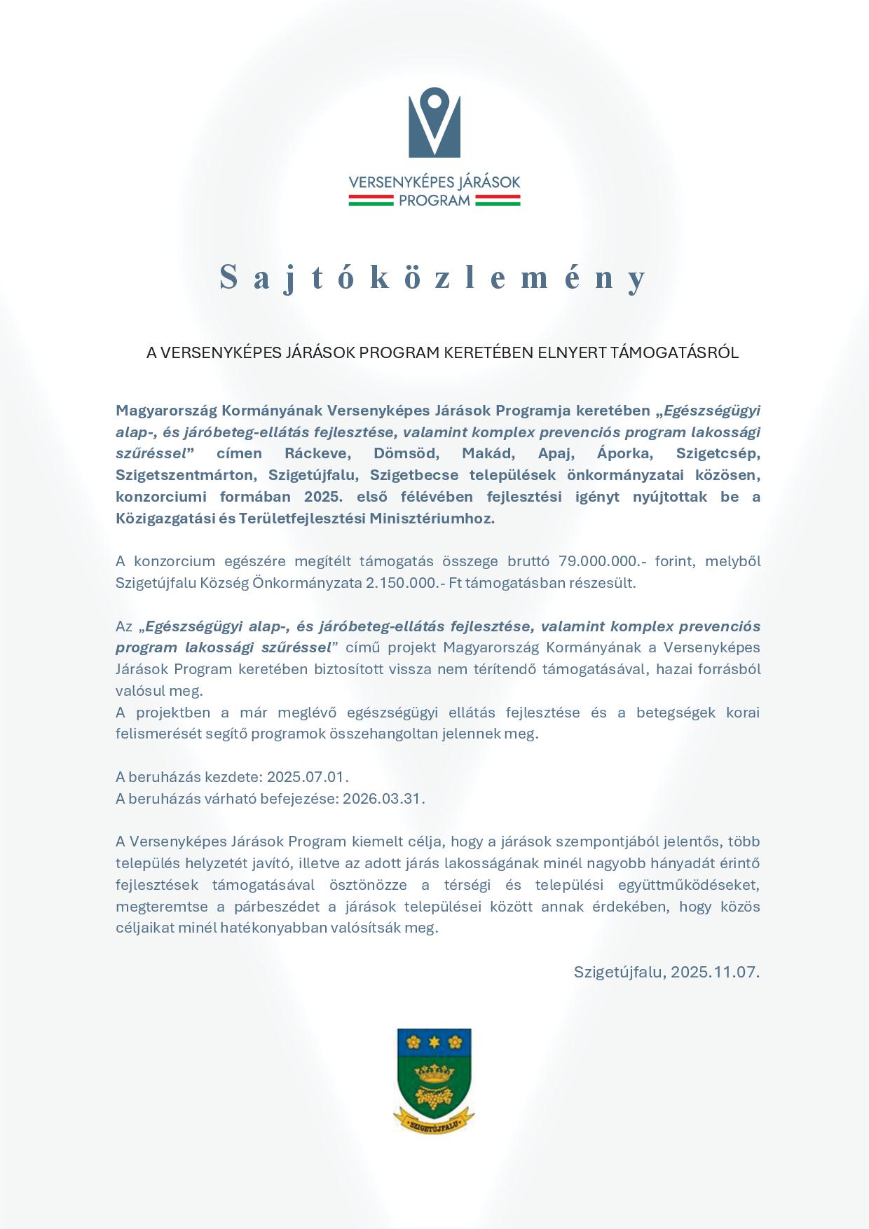 Egészségügyi alap-, és járóbeteg-ellátás fejlesztése, valamint komplex prevenciós program lakossági szűréssel