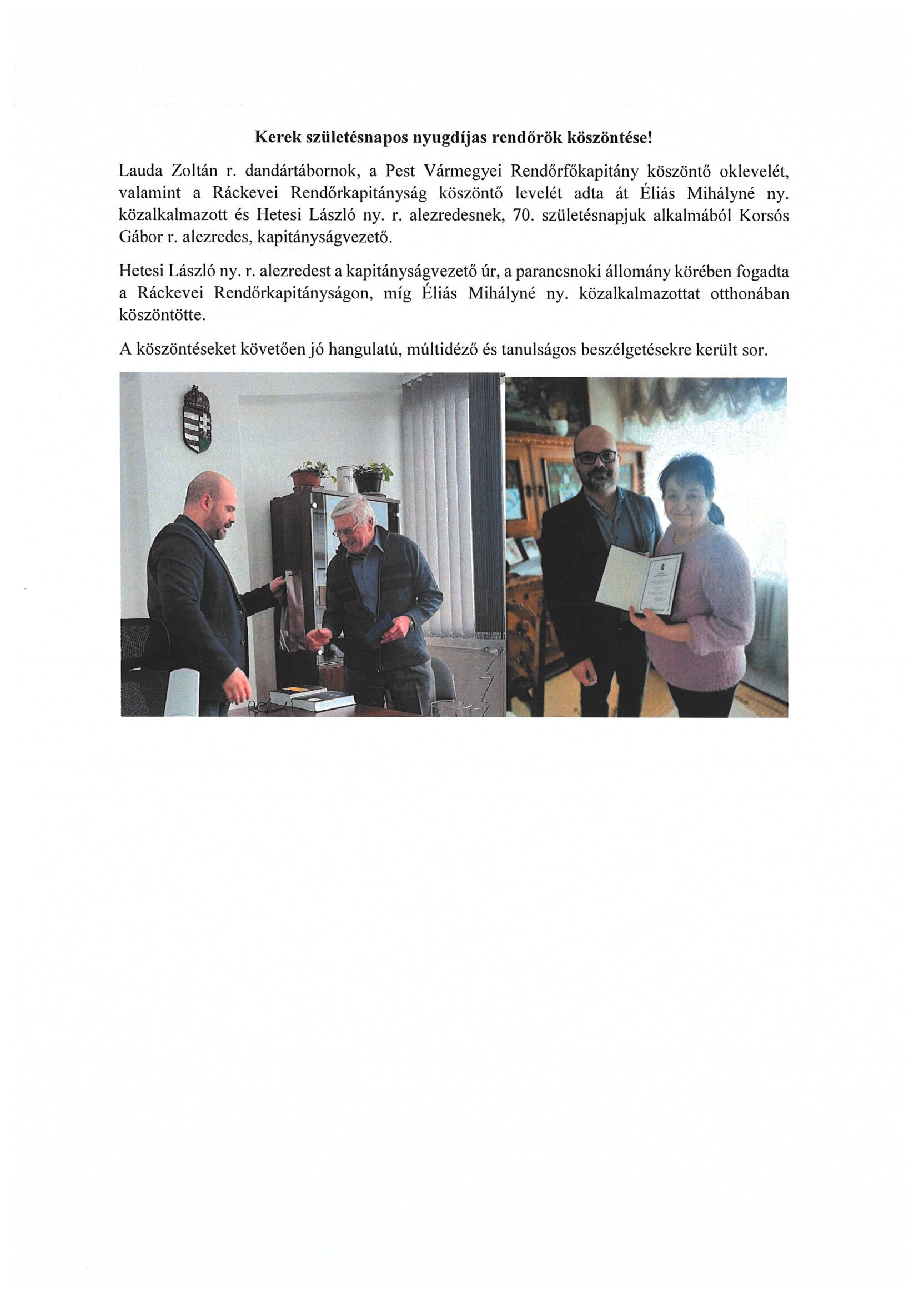 Ráckevei nyugdíjas rendőrök köszöntése