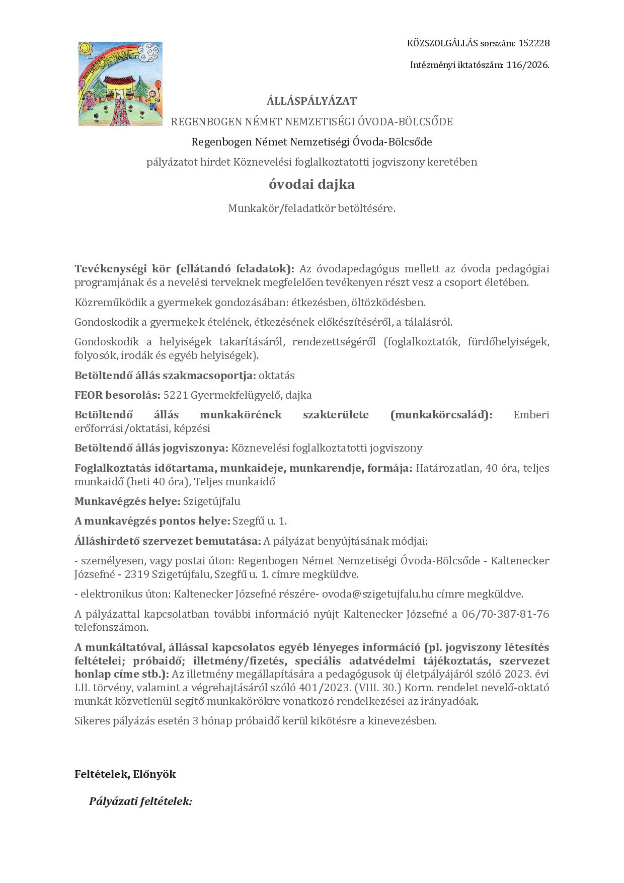 Álláshirdetés - Óvodai dajka