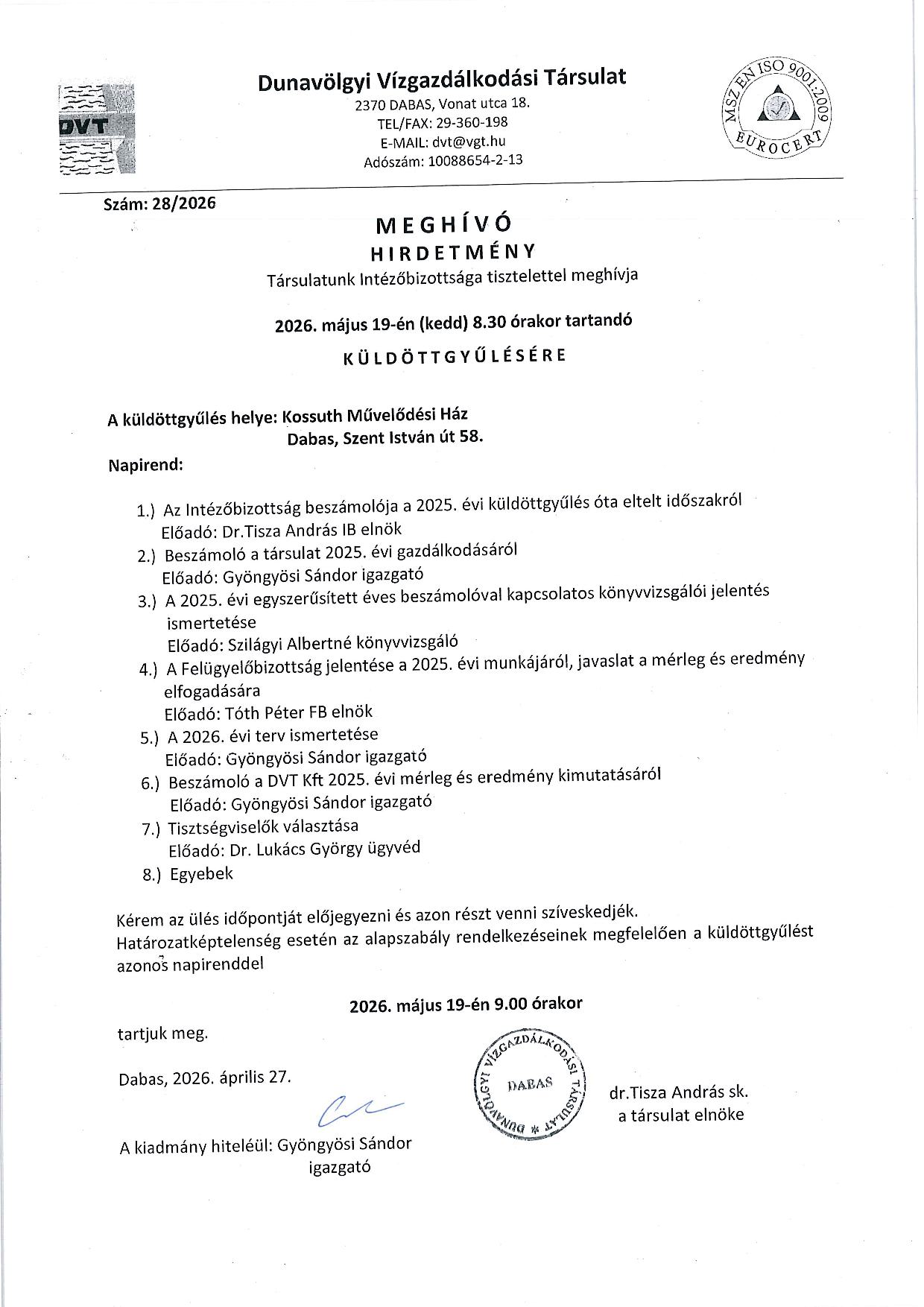 Meghívó Dunavölgyi Vízgazdálkodási Társulat küldöttgyűlésére