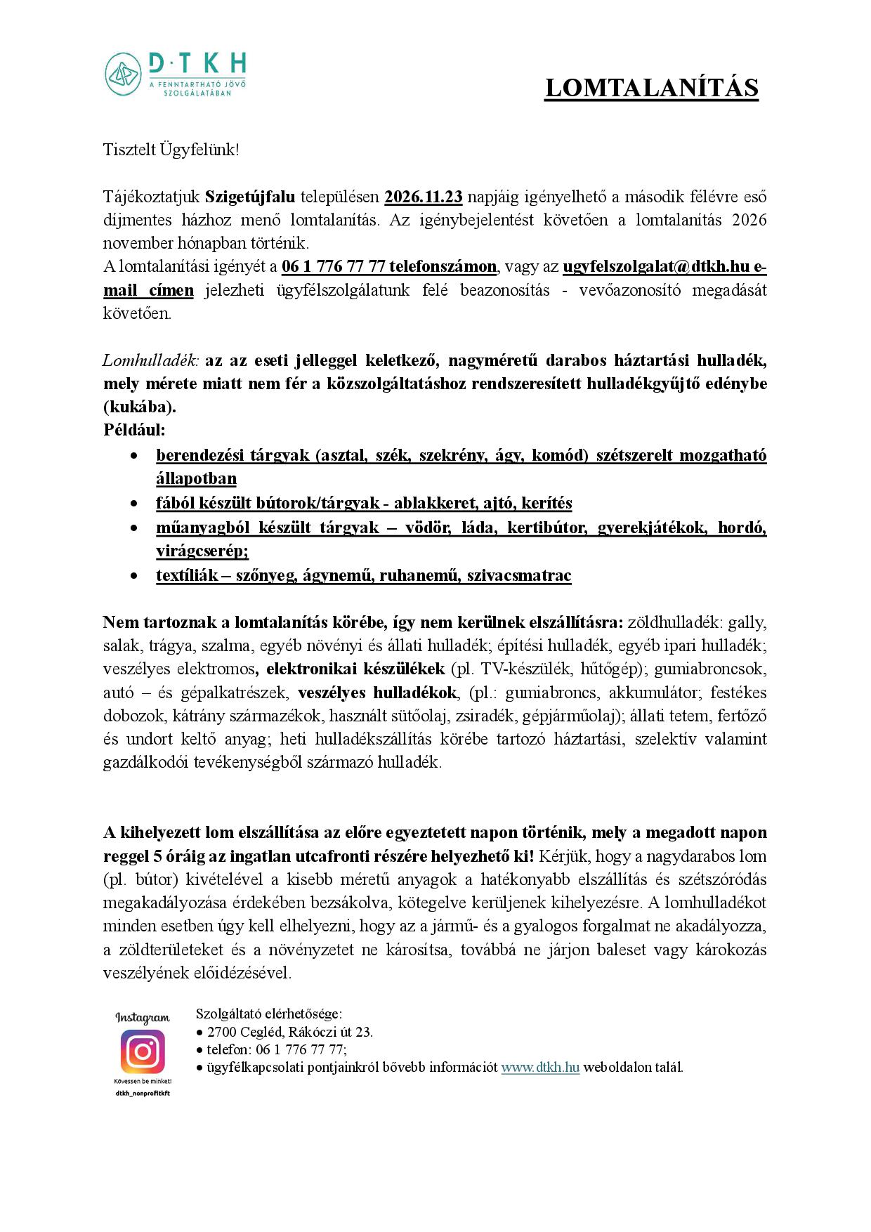 Lomtalanítás tájékoztató 2026. II.félév