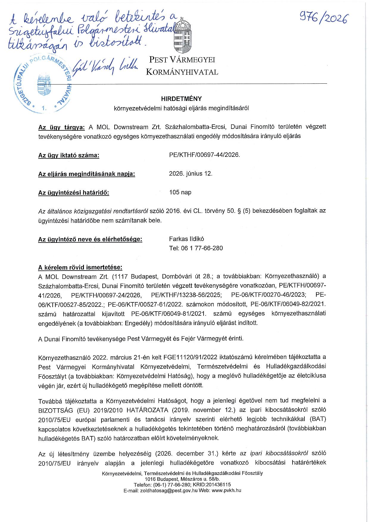 MOL Nyrt. környezethasználati engedély ügyében hirdetmény